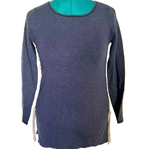 NIC + ZOE dark indigo double tie long sleeve top Blue/White New size small - Picture 2 of 10